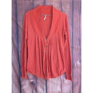 Free People Orange V Neck 100% Cotton Cardigan long sleeve top Size S